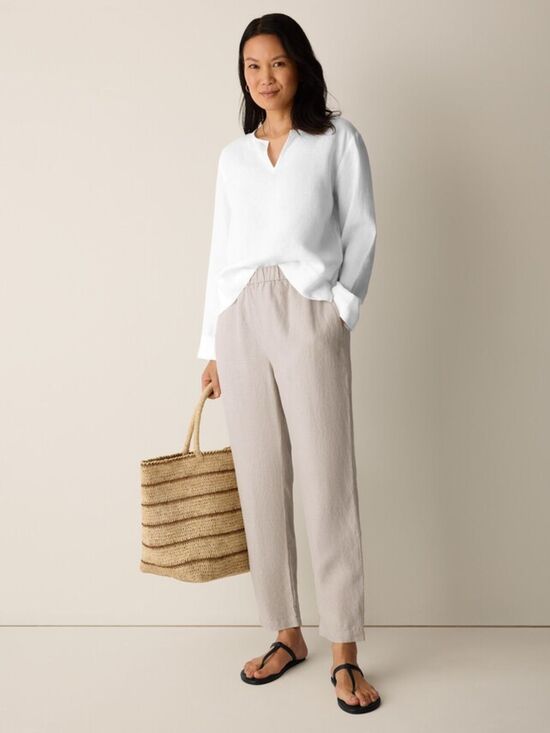 Eileen Fisher Pants - Eileen Fisher 100% Organic Linen Light Beige Elastic-Waist Pants Undyed Natural